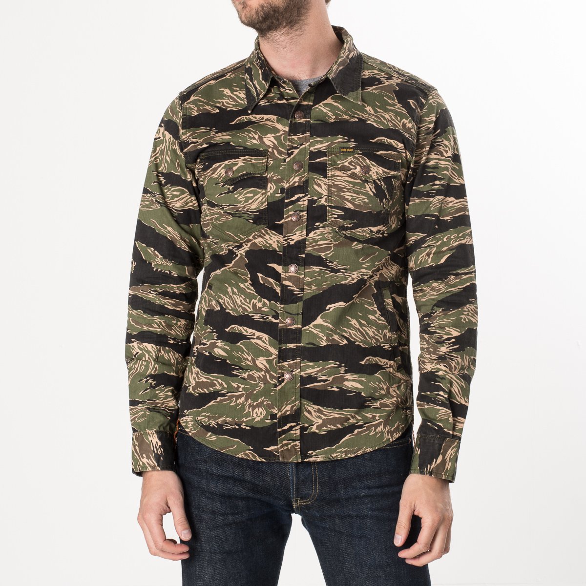 Green Tiger Stripe Camouflage CPO Shirt. Made in Japan.