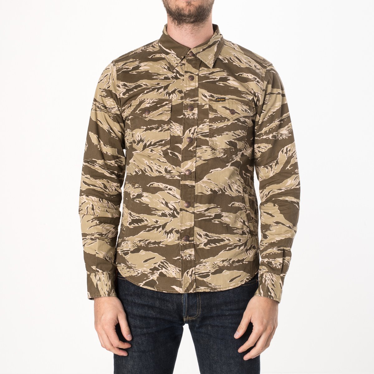 IHSH-186-KHA | Khaki Tiger Stripe Camouflage CPO Shirt. Made in Japan.