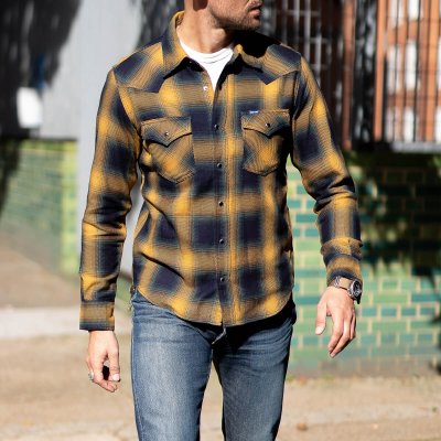 Iron Heart 9oz Selvedge Ombré Check Western Shirt - Yellow