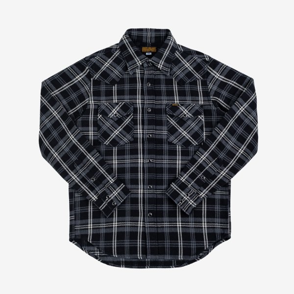 Iron Heart Ultra Heavy Flannel Herringbone Check Western Shirt - Black