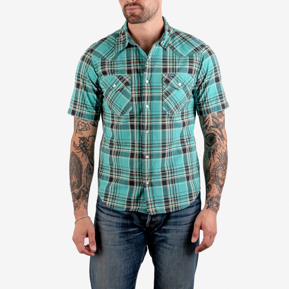 5oz Selvedge Madras Check Short Sleeved Western Shirt - Green