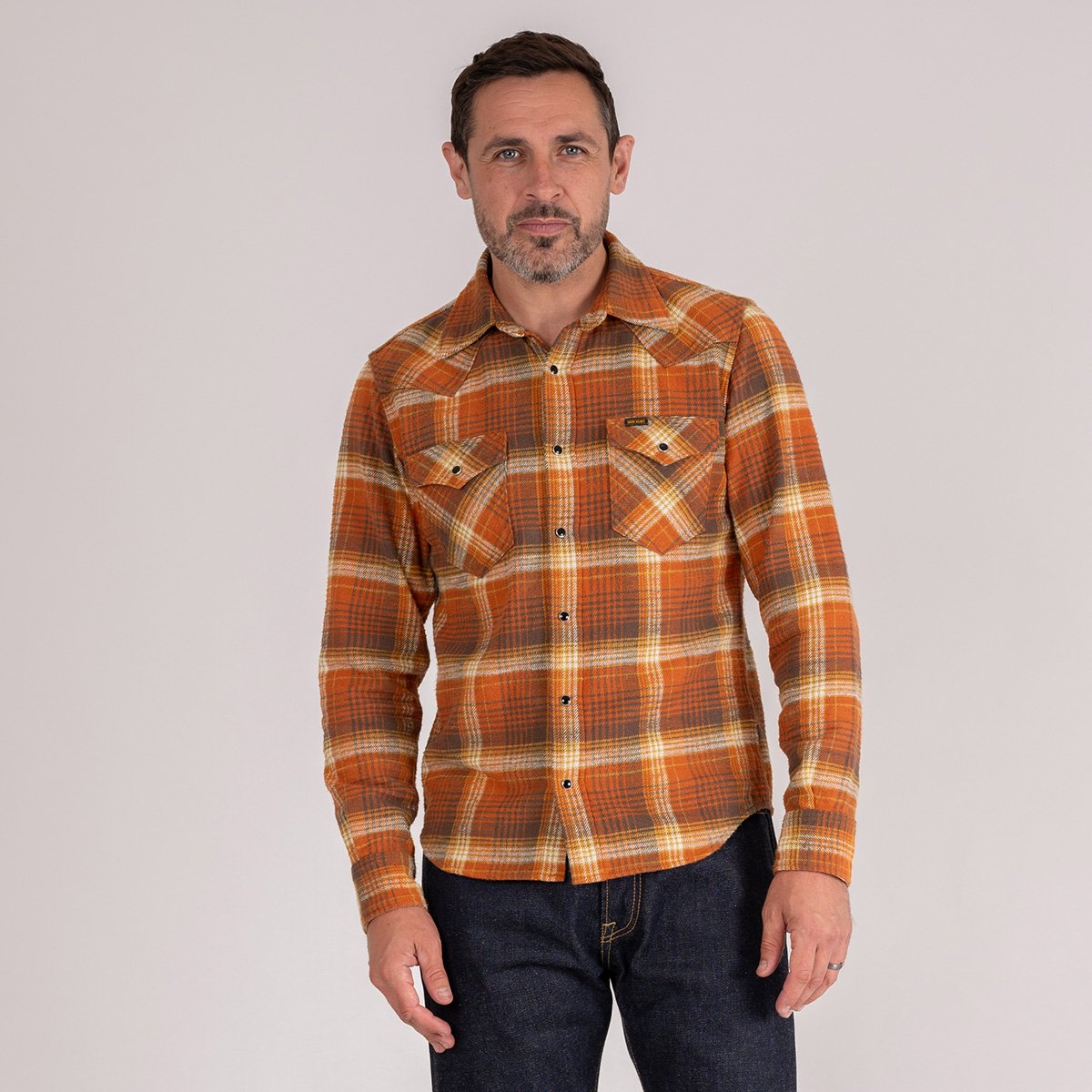 12oz Slubby Heavy Flannel Check Western Shirt - Orange